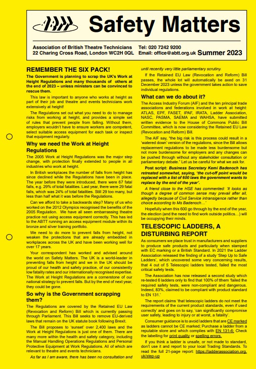 Safety Matters Summer 2023 Association of British Theatre Technicians